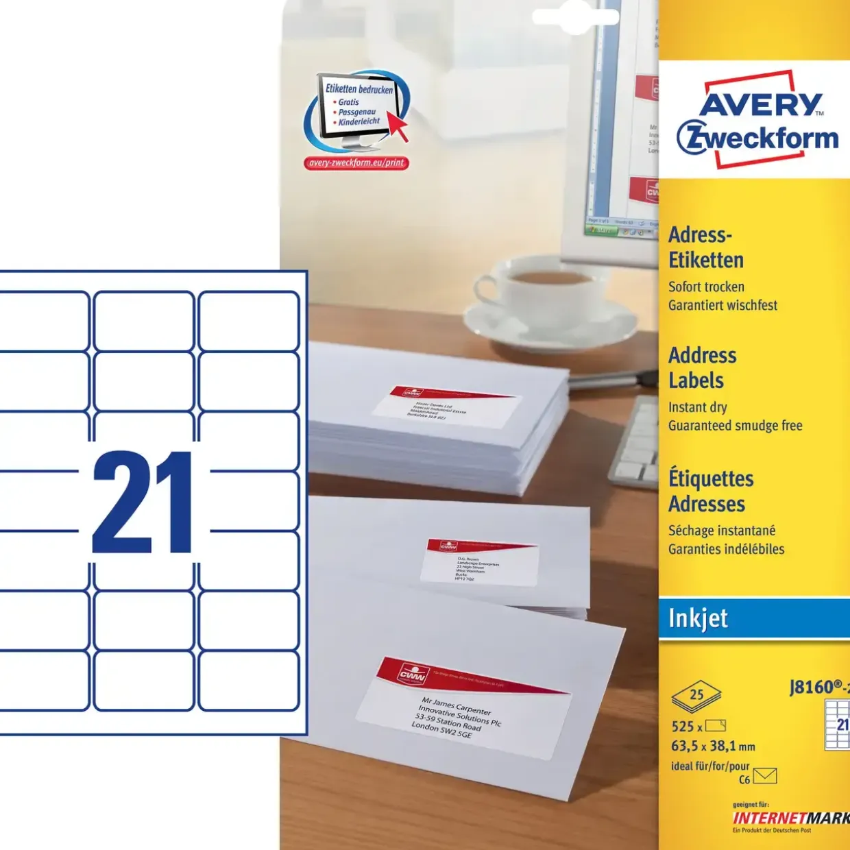 Adresseetiketter - Avery J8160-25 inkjet 63,5 x 38,1 mm - 21 pr. ark - 25 ark