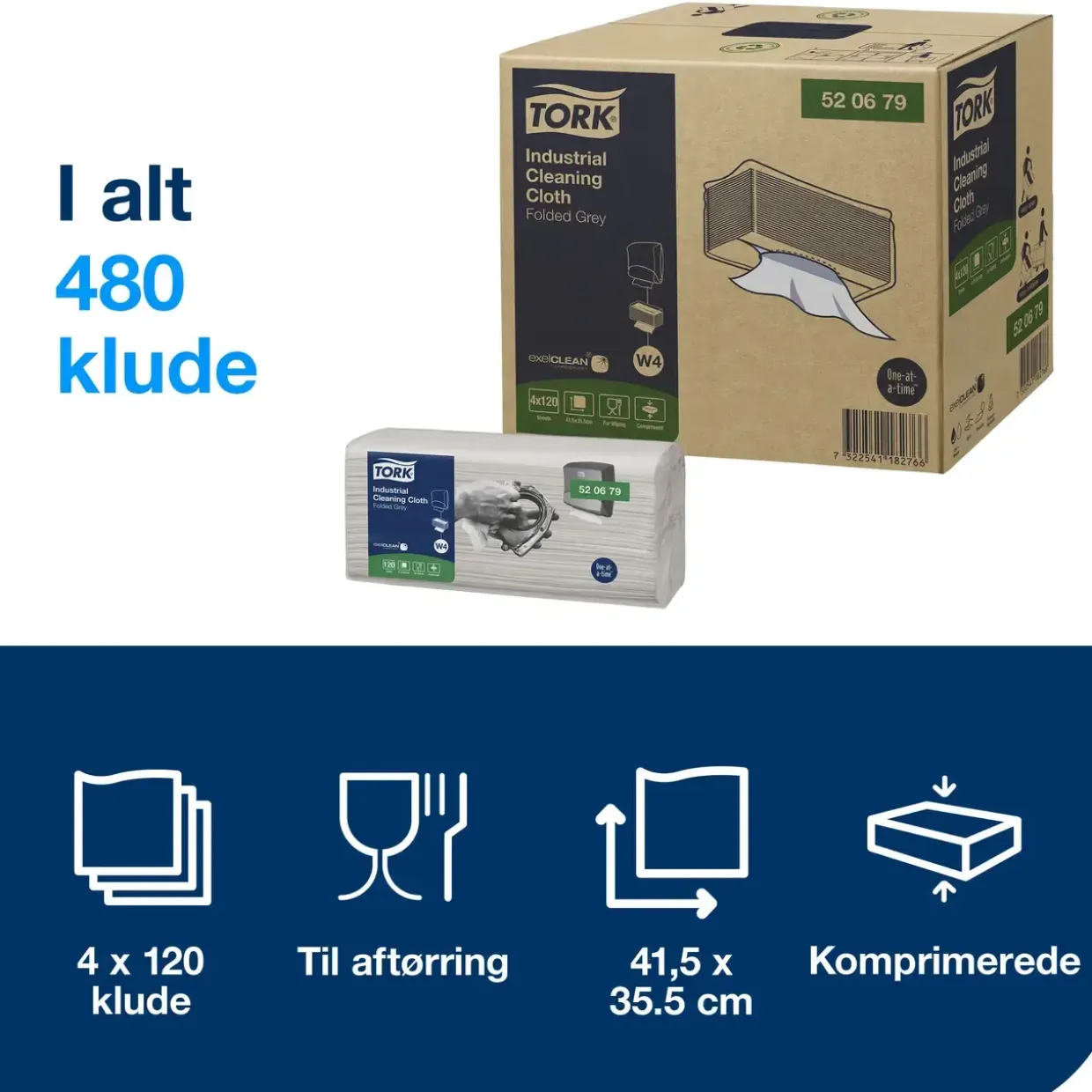 Aftørringsklude - Tork Industri 520679 W4 - grå exelCLEAN - 41,5x35,5 cm - 120 ark x 4 pakker