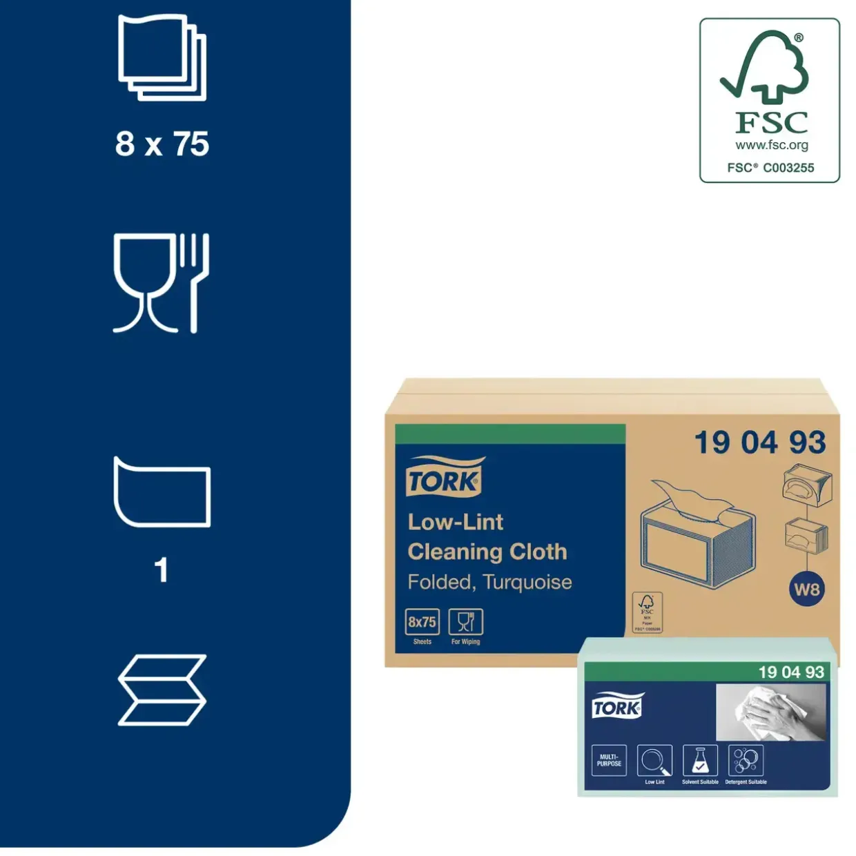 Aftørringsklud Tork 190493 Sensitiv W8 SmallPack turkis - 75 stk pr pakke - 8 pakker