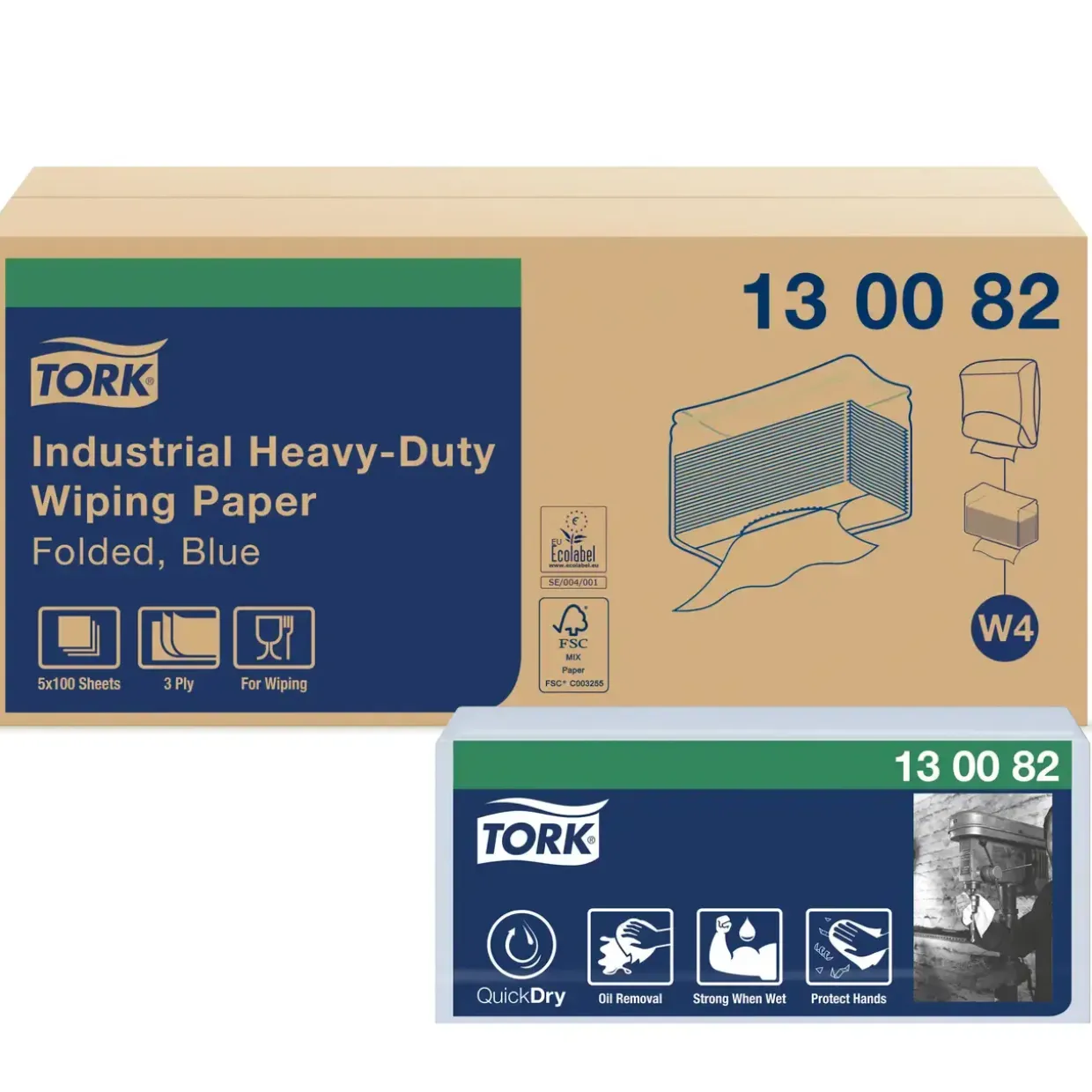 Aftørringspapir, Tork 130082, Ekstra Kraftig W4 3-lags blå - 100 ark pr pakke - 5 pakker