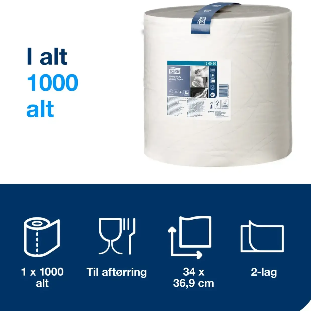 Aftørringspapir - Tork 130060 - Kraftig - W1 - Hvid - 2-lags - 340 meter