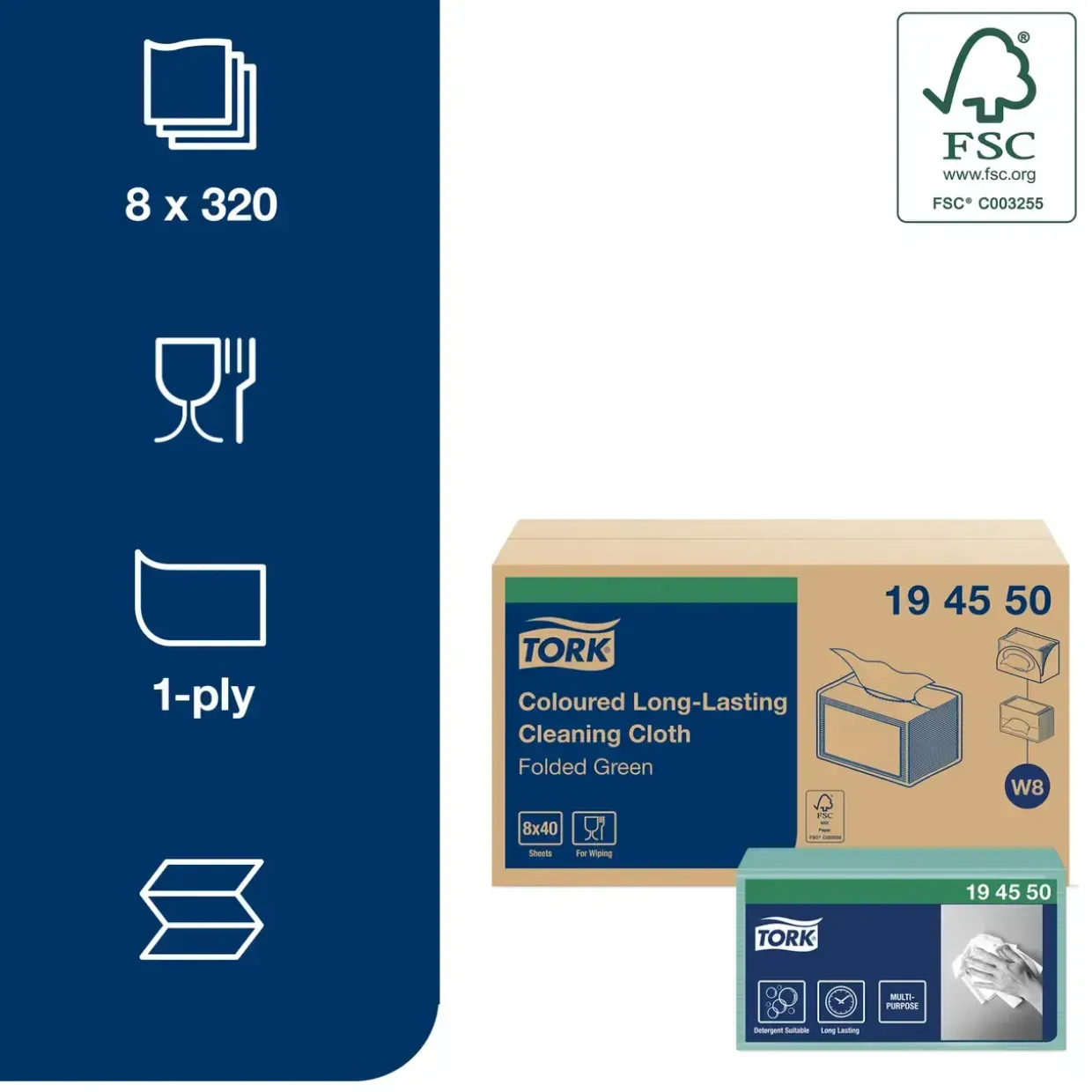 Allround klud - Tork - 194550 - Premium - W8 - SmallPack - grøn - 320 klude