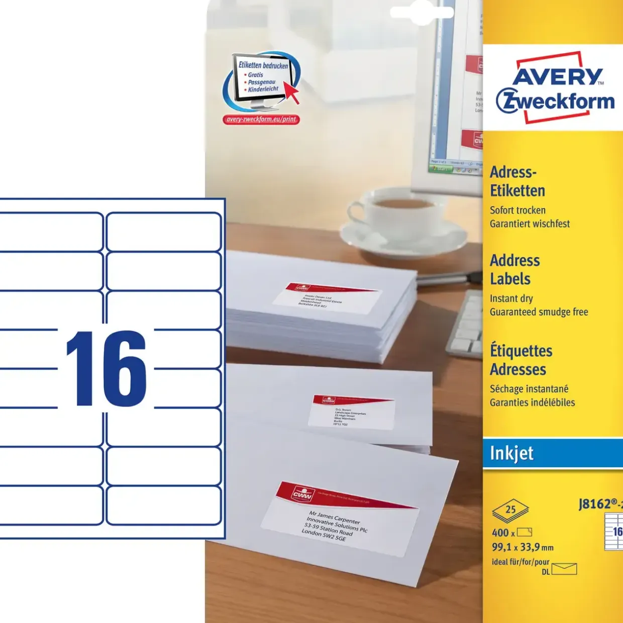 Avery etiketter J8162-25 - Adresselabel inkjet 16 pr. ark 99,1 x 33,9 mm - 25 ark