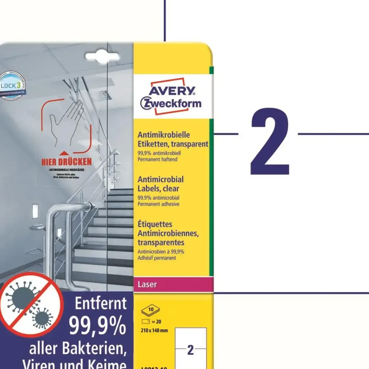 Avery etiketter Laseretiket - antimicrobiel 210x148mm klar - 10ark