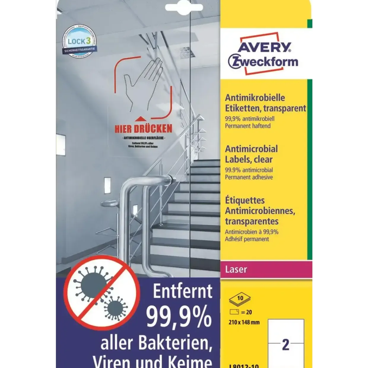 Avery etiketter Laseretiket - antimicrobiel 210x148mm klar - 10ark