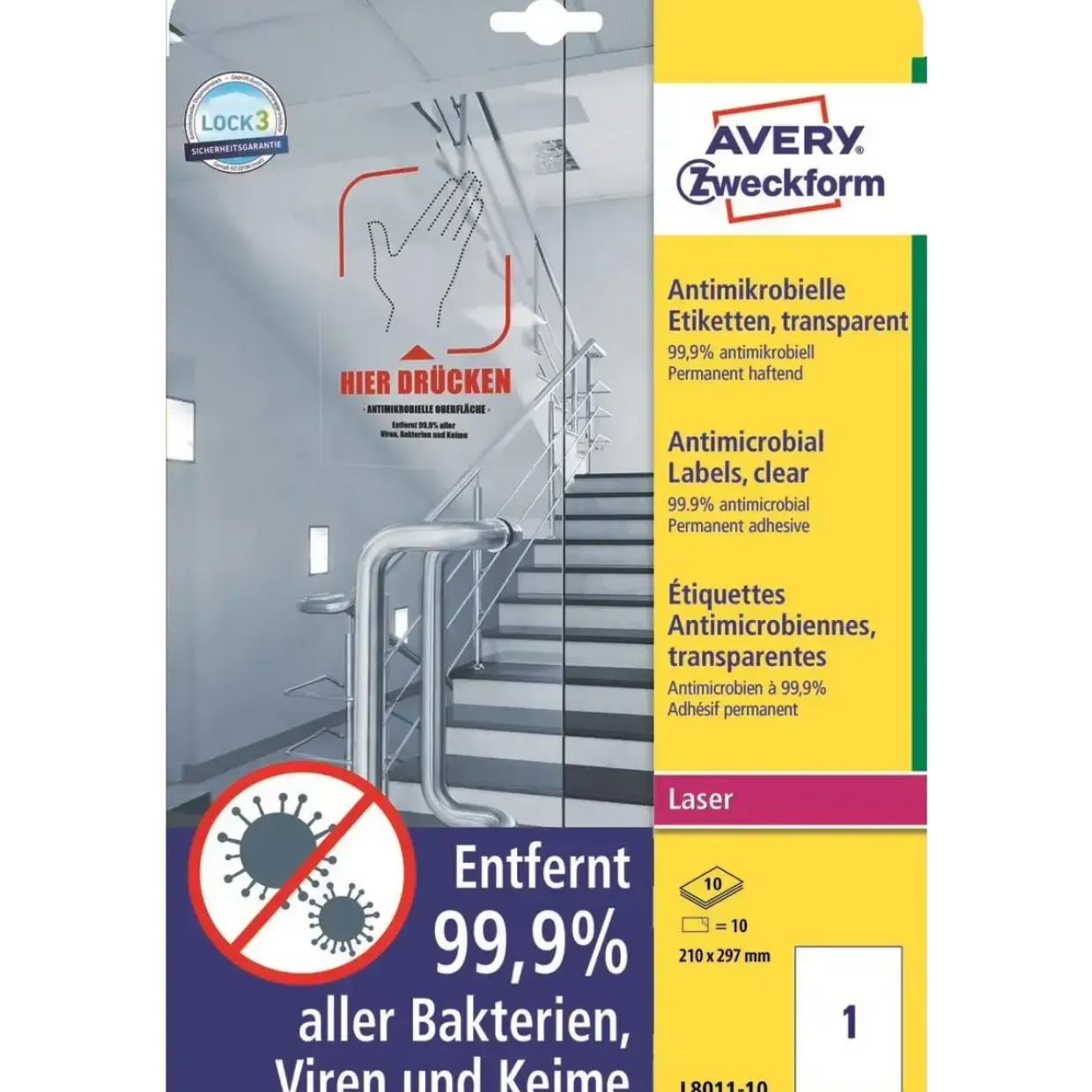Avery etiketter Laseretiket - antimicrobiel 210x297mm klar - 10ark