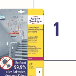 Avery etiketter Laseretiket - antimicrobiel 210x297mm klar - 10ark