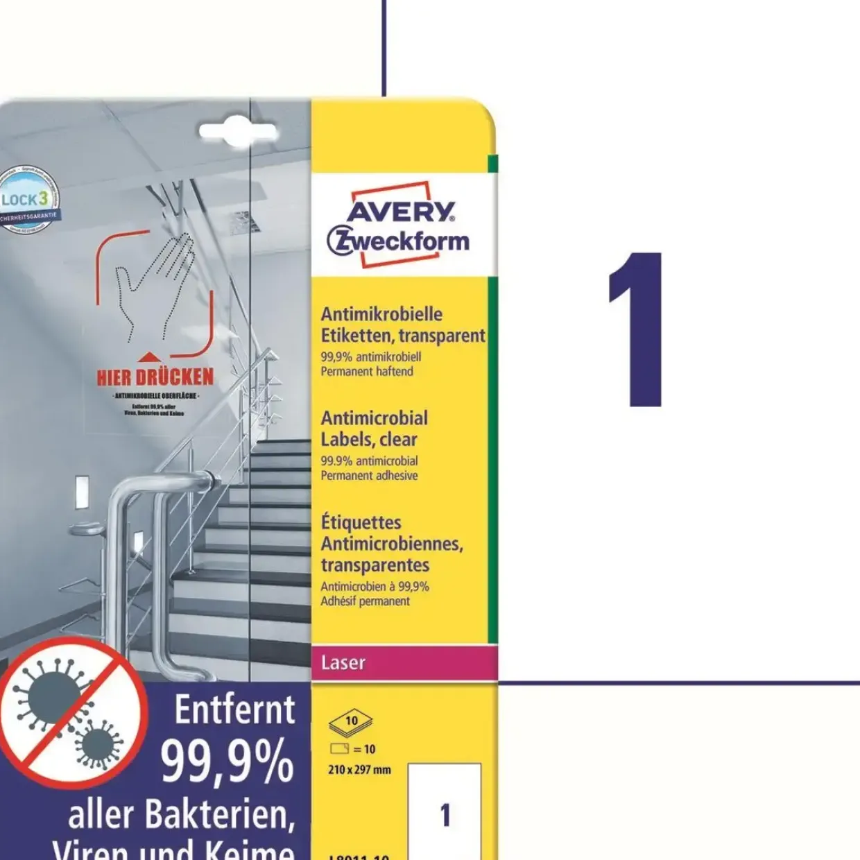 Avery etiketter Laseretiket - antimicrobiel 210x297mm klar - 10ark