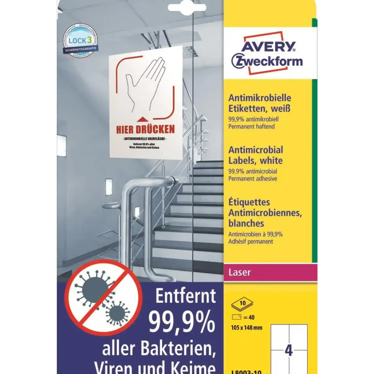 Avery etiketter Laseretiket - antimicrobiel 105x148mm hvid - 10ark