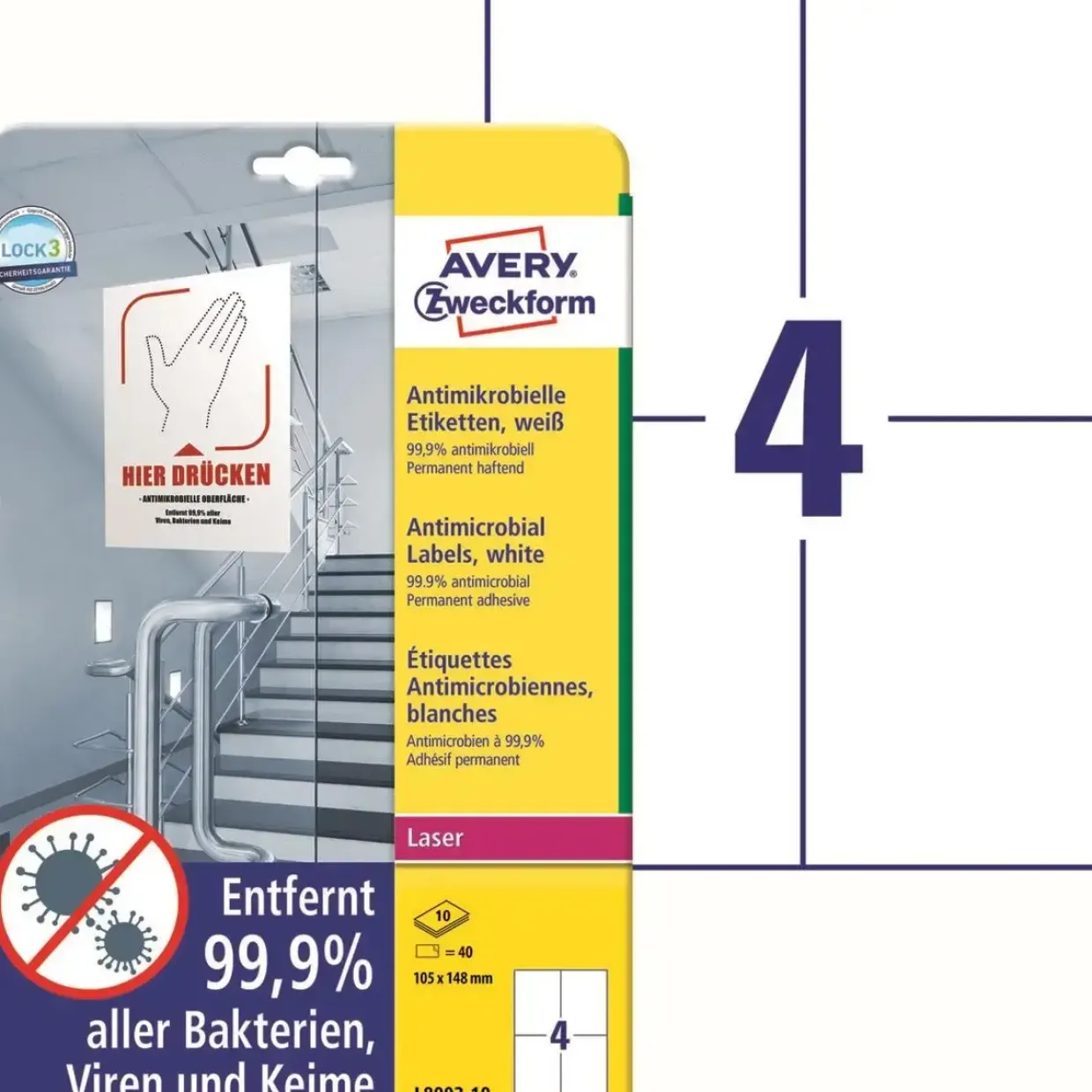 Avery etiketter Laseretiket - antimicrobiel 105x148mm hvid - 10ark