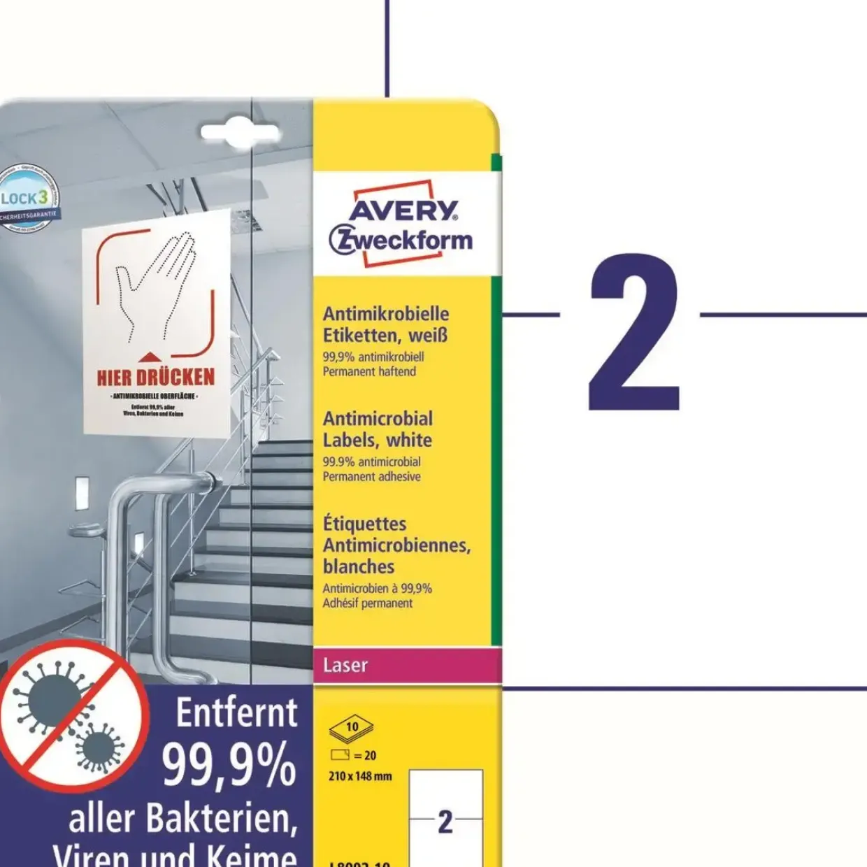 Avery etiketter Laseretiket - antimicrobiel 210x148mm hvid - 10ark