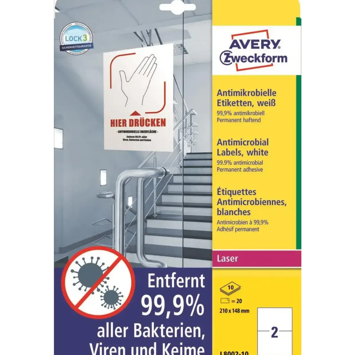 Avery etiketter Laseretiket - antimicrobiel 210x148mm hvid - 10ark