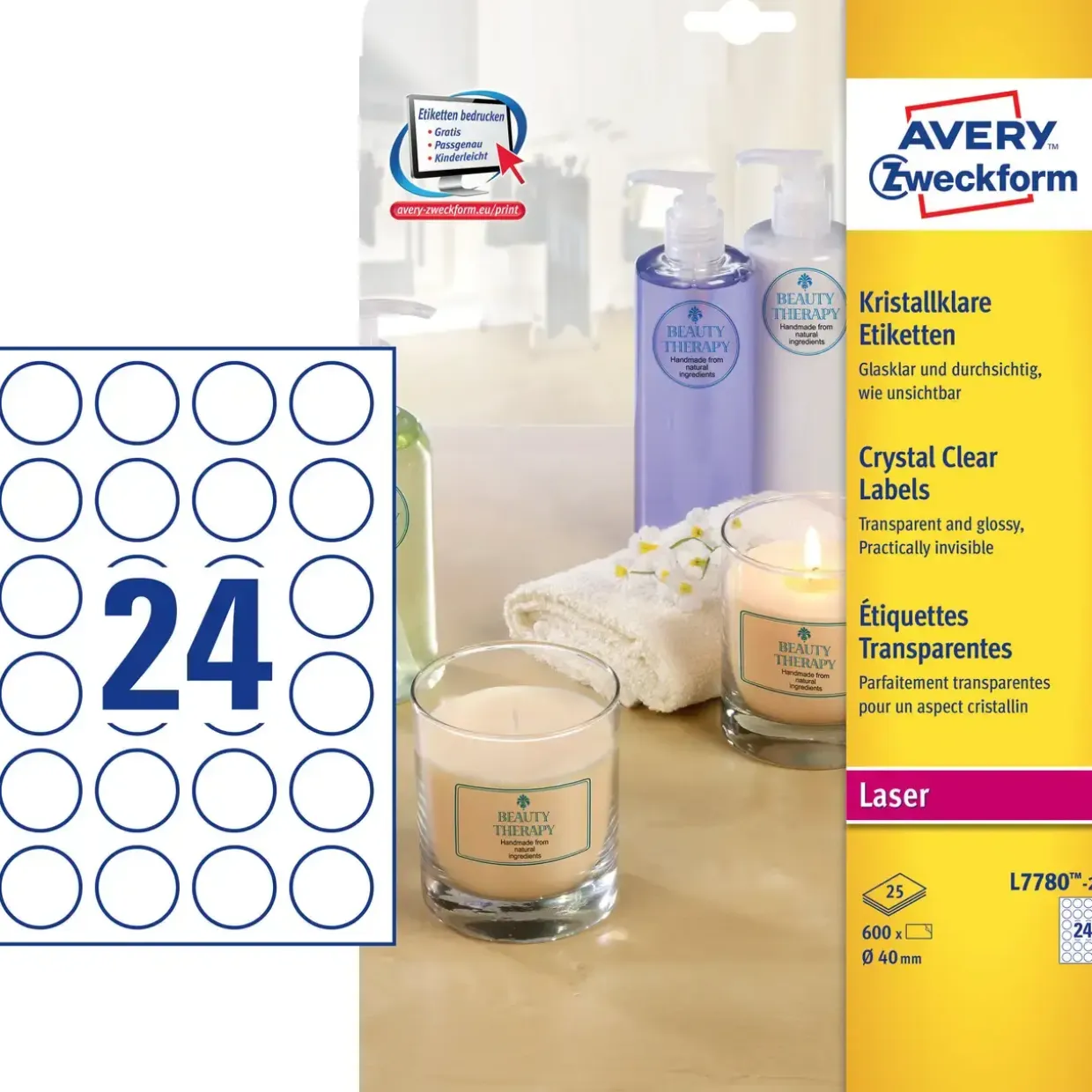 Avery etiketter Laseretiket Crystal Clear Ø40mm 25ark