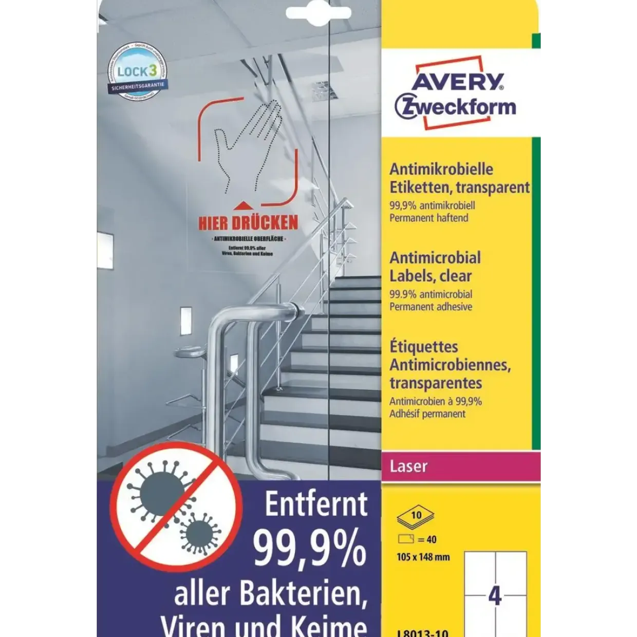 Avery etiketter Laseretiket - antimicrobiel 105x148mm klar - 10ark