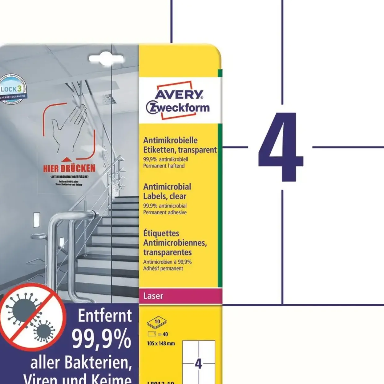 Avery etiketter Laseretiket - antimicrobiel 105x148mm klar - 10ark