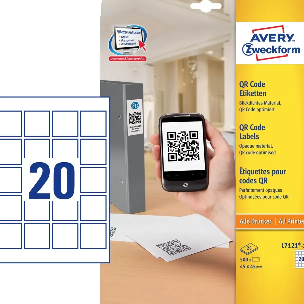 Avery etiketter L7121-25 - Etiket til QR kode kvadrat 45 x 45 mm - 500 stk