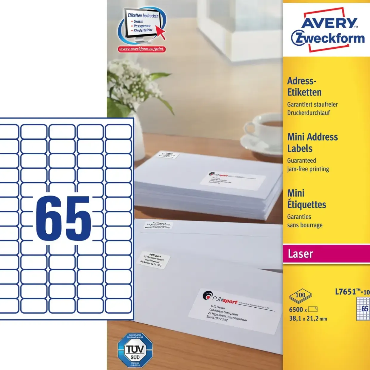 Avery etiketter L7651-H - Laser etiketter 65 pr. ark 38,1 x 21,2 mm - 100 ark