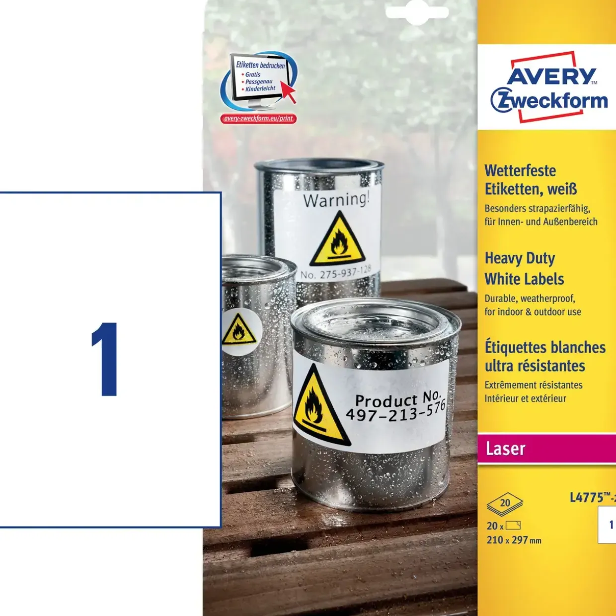 Avery Etiketter L4775-20 - Laseretiket Vandfaste - 210 x 297 mm - 20 ark