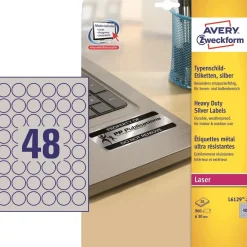 Avery etiketter L6129-20 - Laseretiket sølv 48 pr. ark Ø: 30 mm - 20 ark