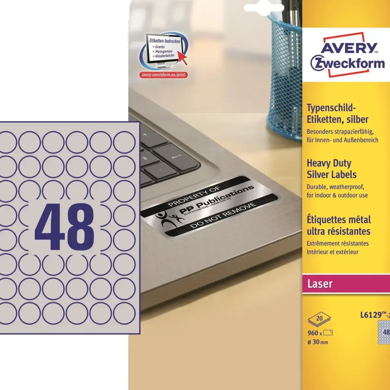 Avery etiketter L6129-20 - Laseretiket sølv 48 pr. ark Ø: 30 mm - 20 ark