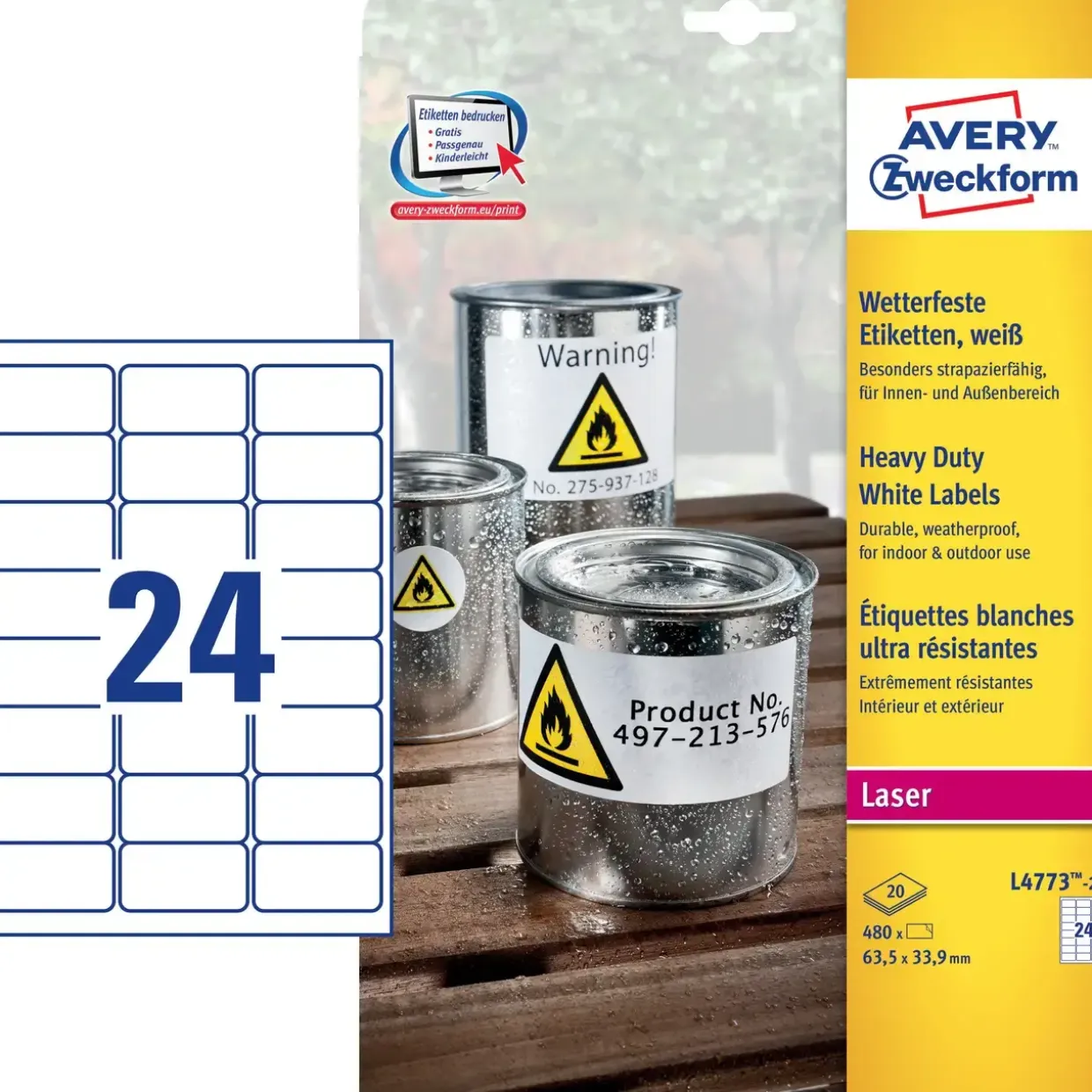 Avery etiketter L4773-20 - Laseretiket vandfaste 63,5 x 33,8 mm - 20 ark