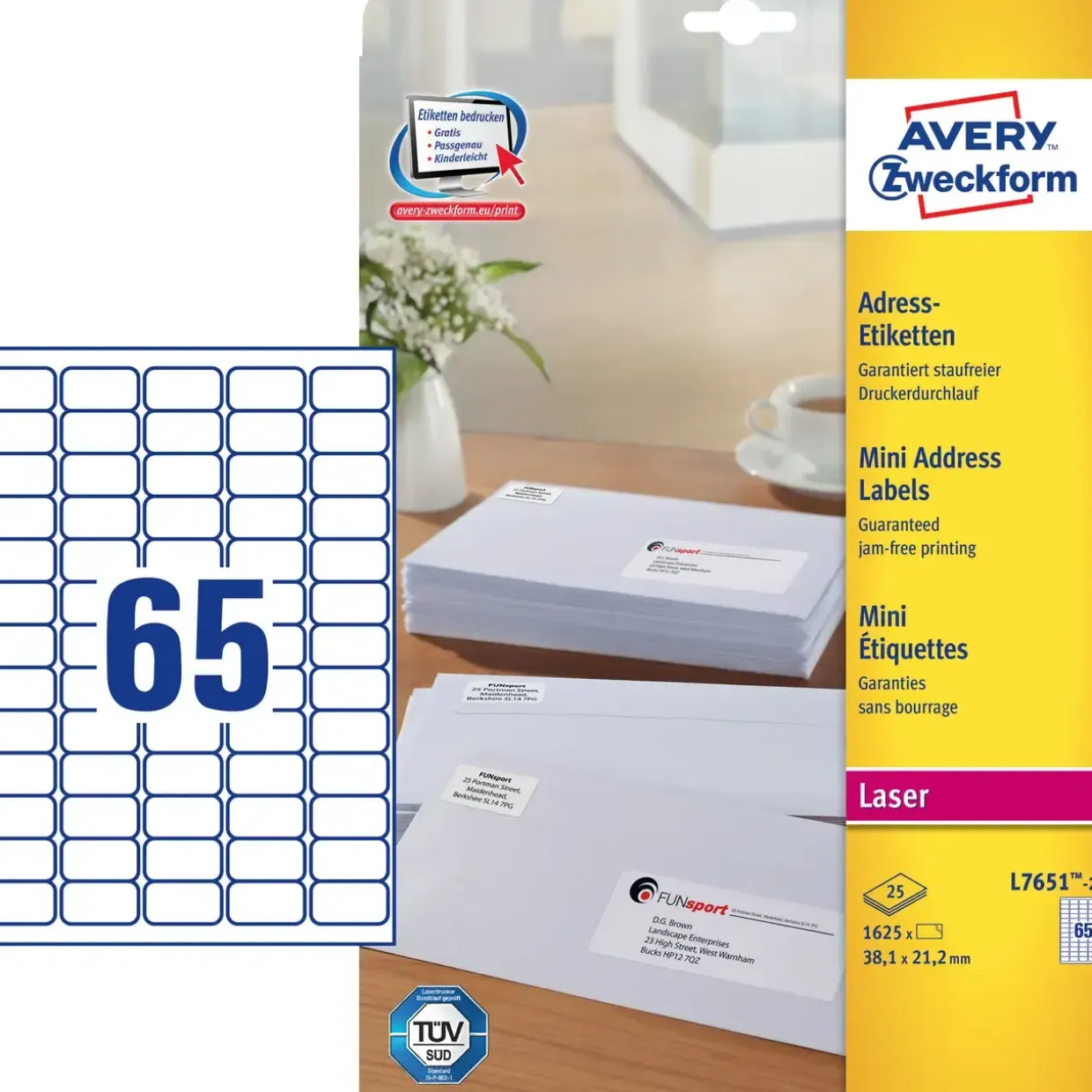 Avery etiketter L7651 - Laseretiket 65 pr. ark 38,1 x 21,2 mm - 25 ark