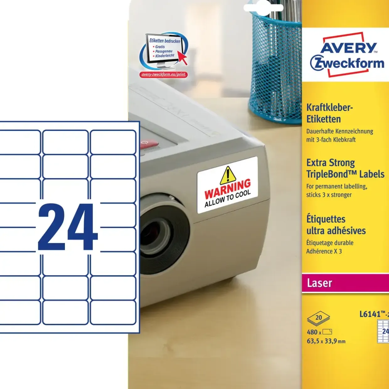 Avery etiketter L6141-20 - Laser etiket ekstra klæb hvid 24 pr. ark 63,5 x 33,9 mm - 20 ark