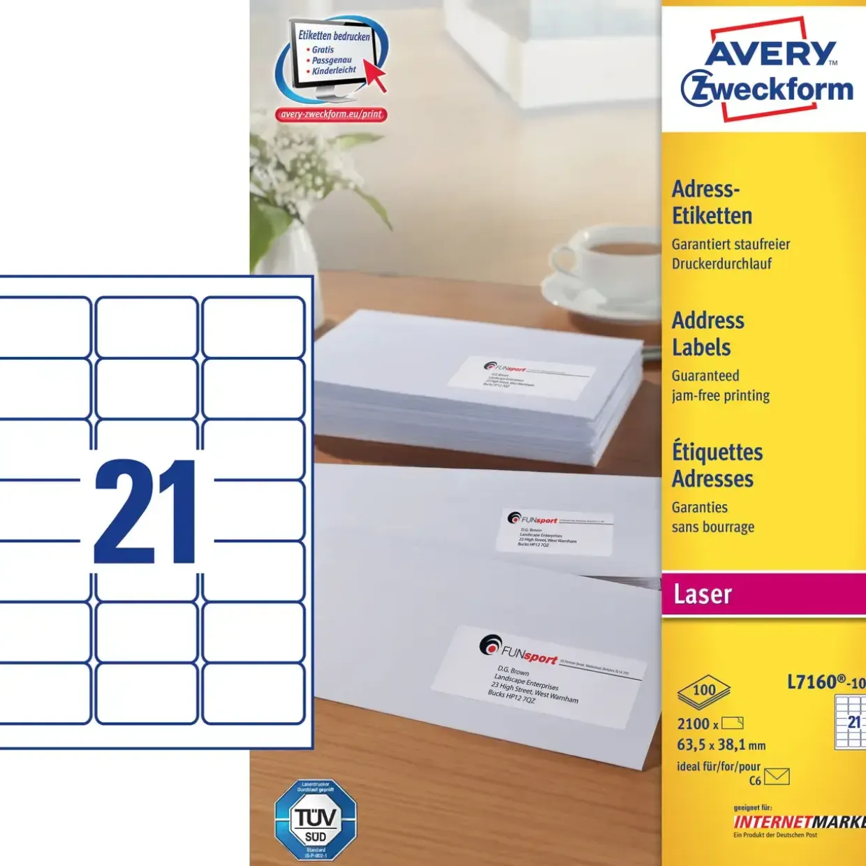 Avery etiketter L7160 - Laseretiketer 21 pr. ark 63,5 x 38,1 mm - 100 ark