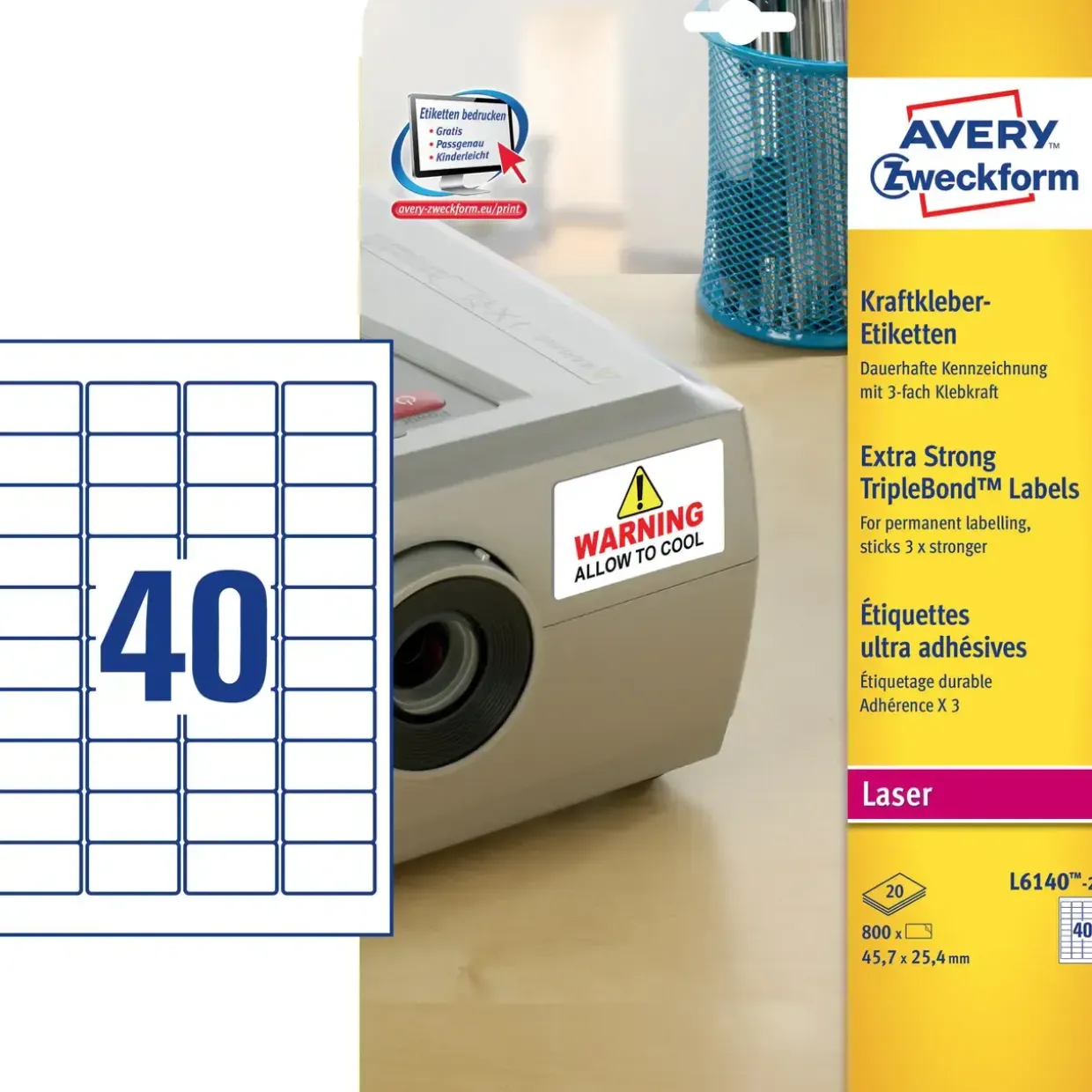 Avery etiketter L6140-20 - Laseretiket ekstra klæb hvid 40 pr. ark 45,7 x 25,4 mm - 20 ark