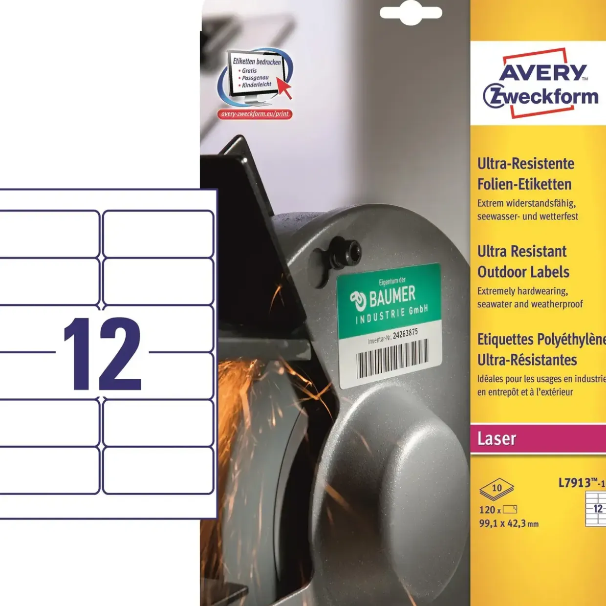 Avery etiketterL7913-10 - Laseretiket slidstærke 12 pr. ark 63,5 x 29,6 mm - 10 ark