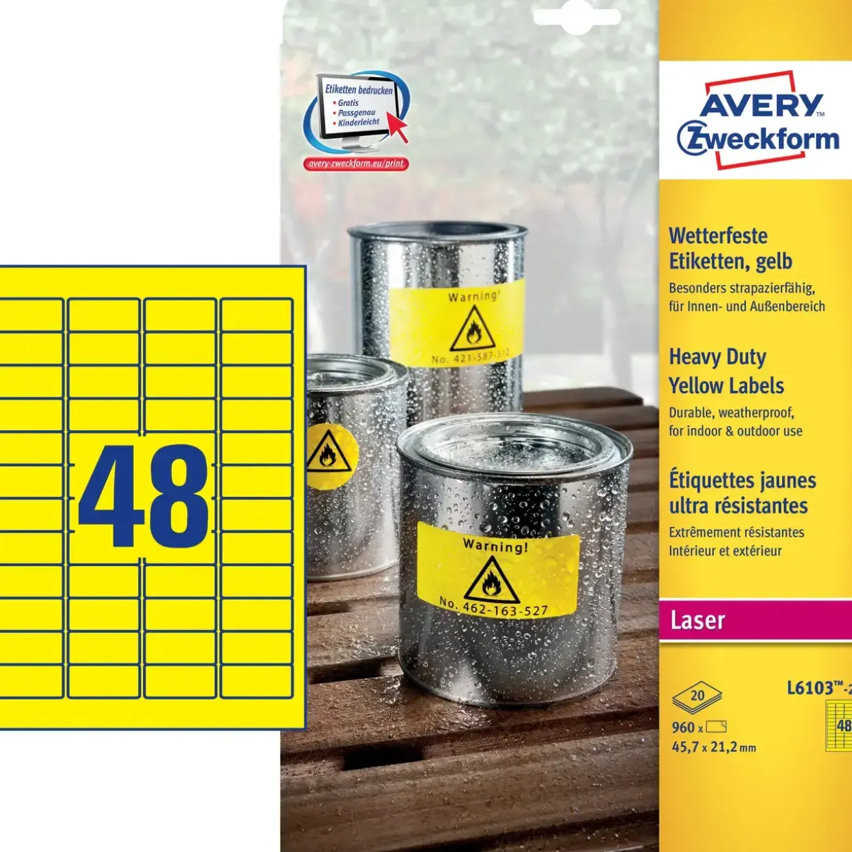 Avery etiketter L6103-20 - Laserlabel stærk gul 48 pr. ark 45,7 x 21,2 mm - 20 ark