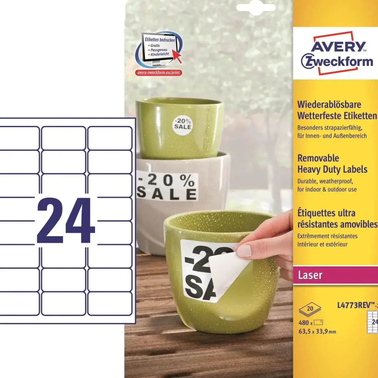 Avery etiketter L4773REV-20 - Laseretiket vandfaste aftagelige 63,5 x 33,8 mm - 480 Stk
