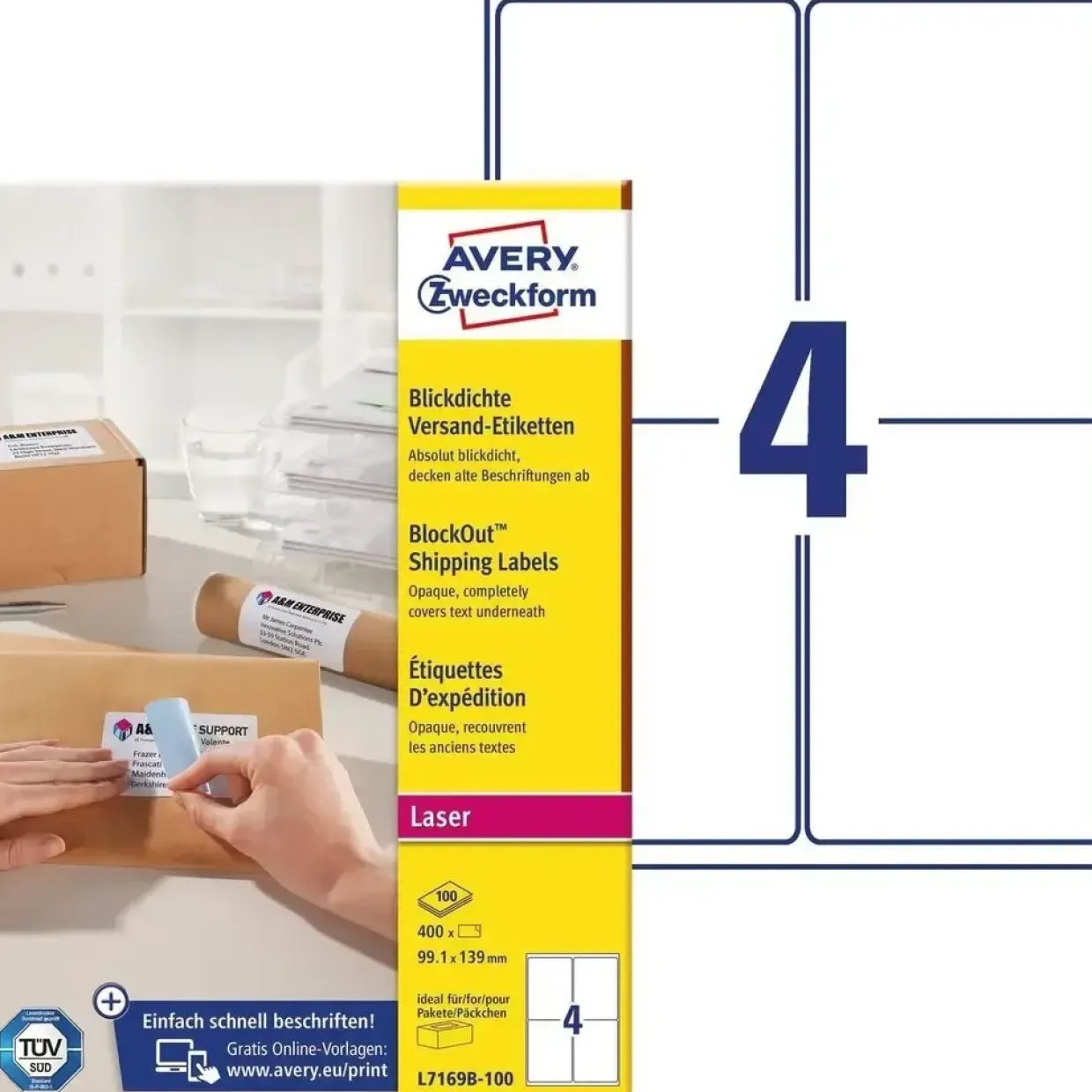 Avery etiketter m BlockOut hvid 99,1x139mm 100 ark á 4stk