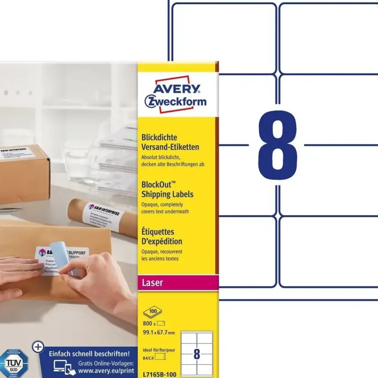Avery etiketter m BlockOut hvid 99,1x67,7mm 100 ark á 8stk