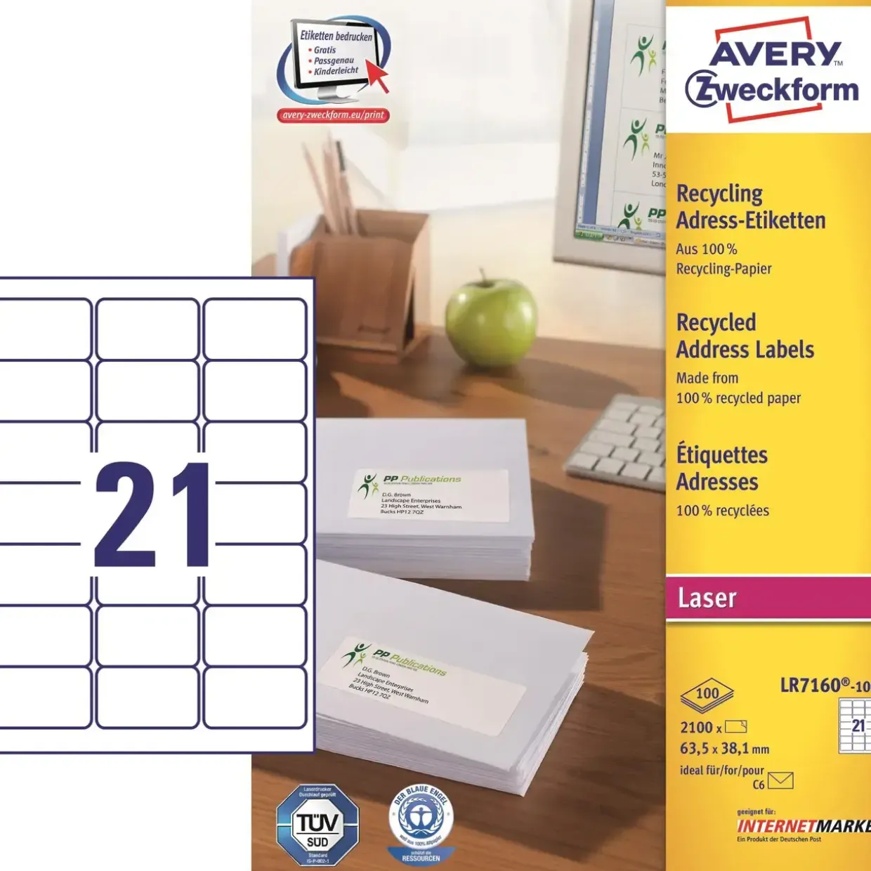 Avery labels LR7160 - Laserlabels 21 pr. ark 63,5 x 38,1 mm - 100 ark