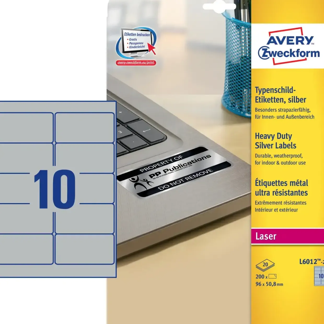 Avery L6012-20 - Laseretiket sølv 10 pr. ark 96 x 50,8 mm - 20 ark