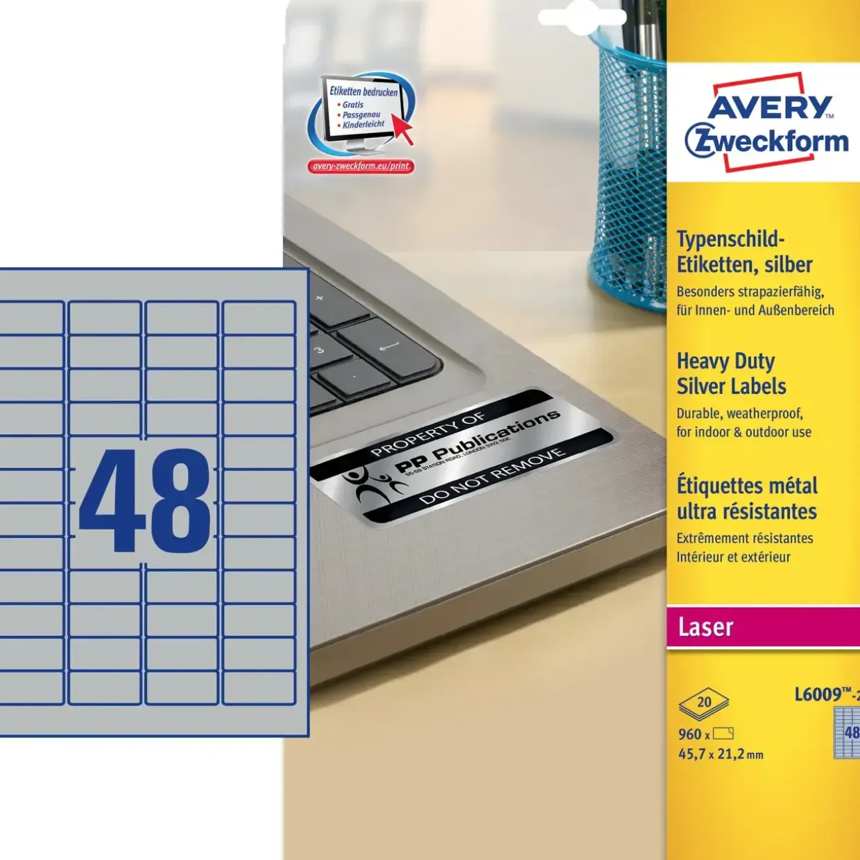 Avery L6009-20 - Laseretiket sølv 45,7 x 21,2 mm - 20 ark - 5 pakker