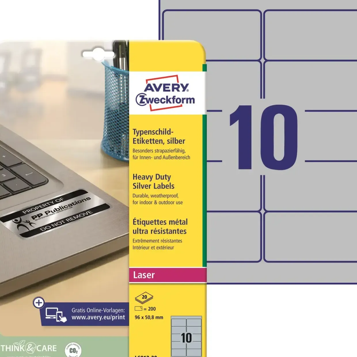 Avery stærke Polyester etiket 96x50,8mm sølv (200)