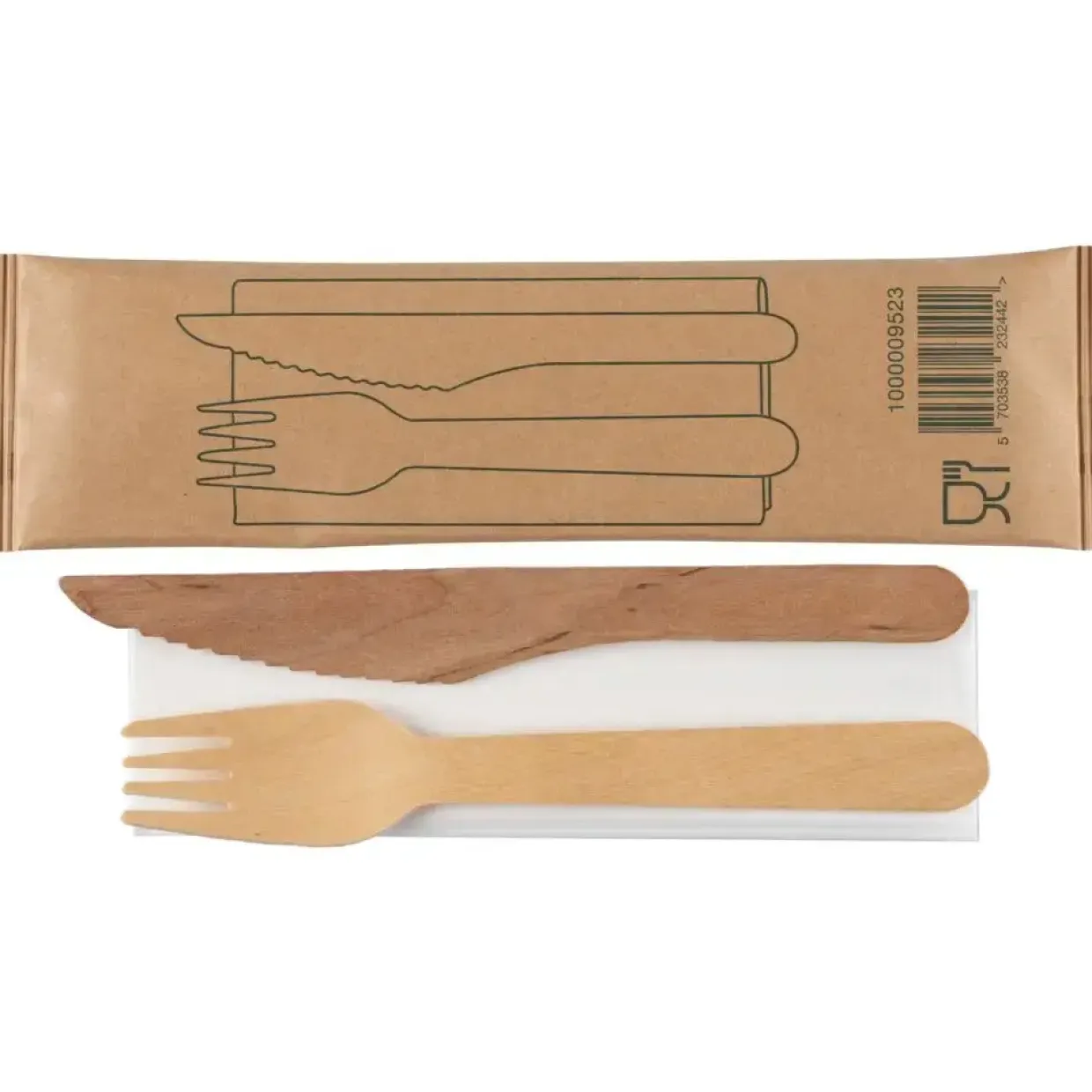 Bestiksæt, 16cm, brun, birketræ - nyfiber, med kniv, gaffel og serviet - 400 stk