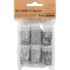 Bio glitter og pailletter - sølv - 6x5 g - 1 pak