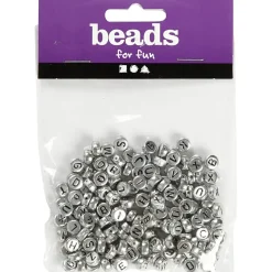 Bogstavperler, diam. 7 mm, hulstr. 1,2 mm, sølv, 21g, ca. 200 stk.