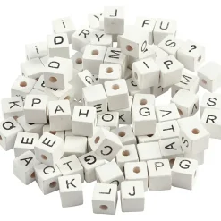 Bogstavperler, str. 8x8 mm, hulstr. 3 mm, hvid, græstræ, A-Z, &, #, ?, 750ass.