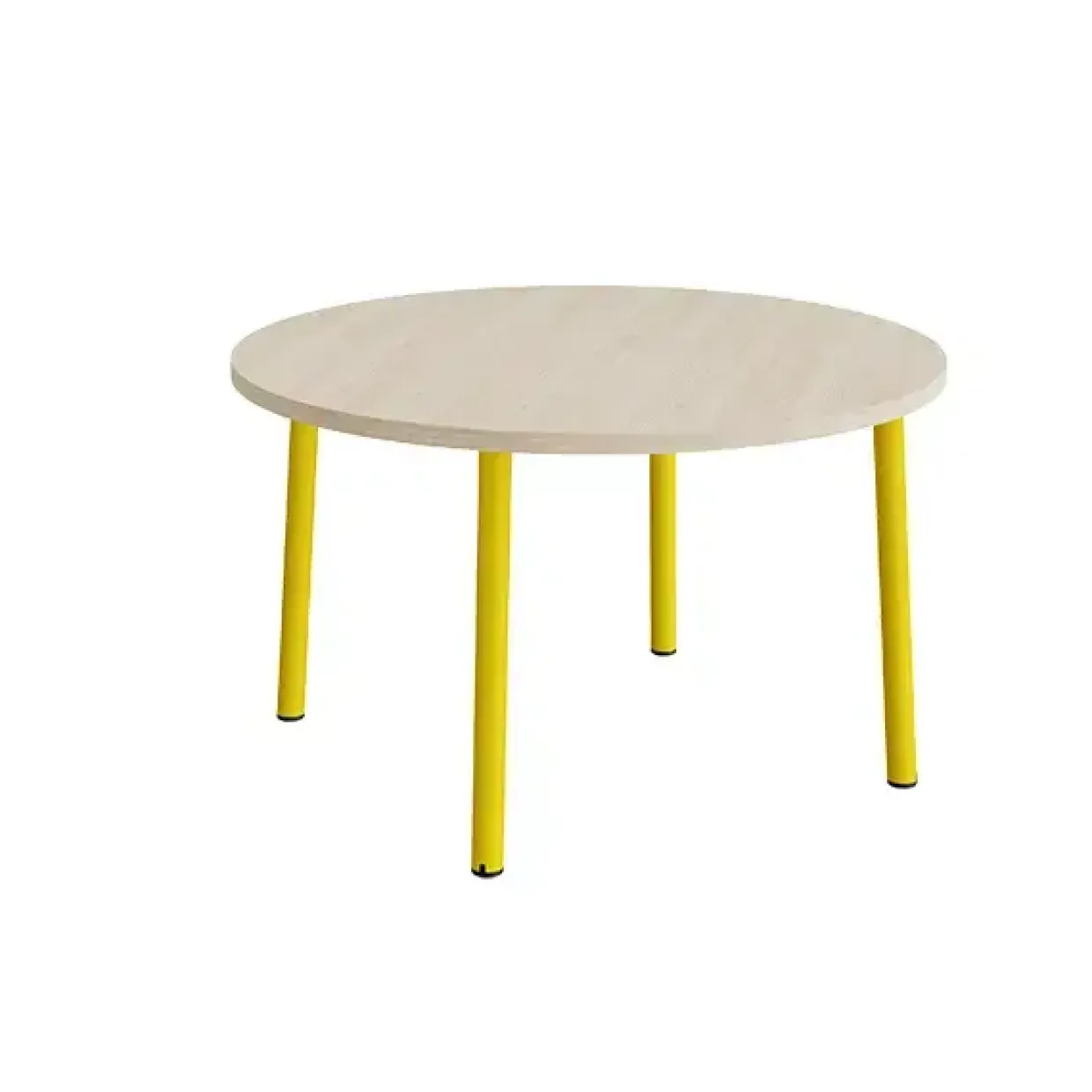 Bord Add 590, Ø1200 mm, højde 720 mm, hvidpigmenteret eg laminat på gult stel