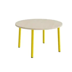 Bord Add 590, Ø1200 mm, højde 720 mm, lyddæmpende hvidpigmenteret eg laminat på gult stel