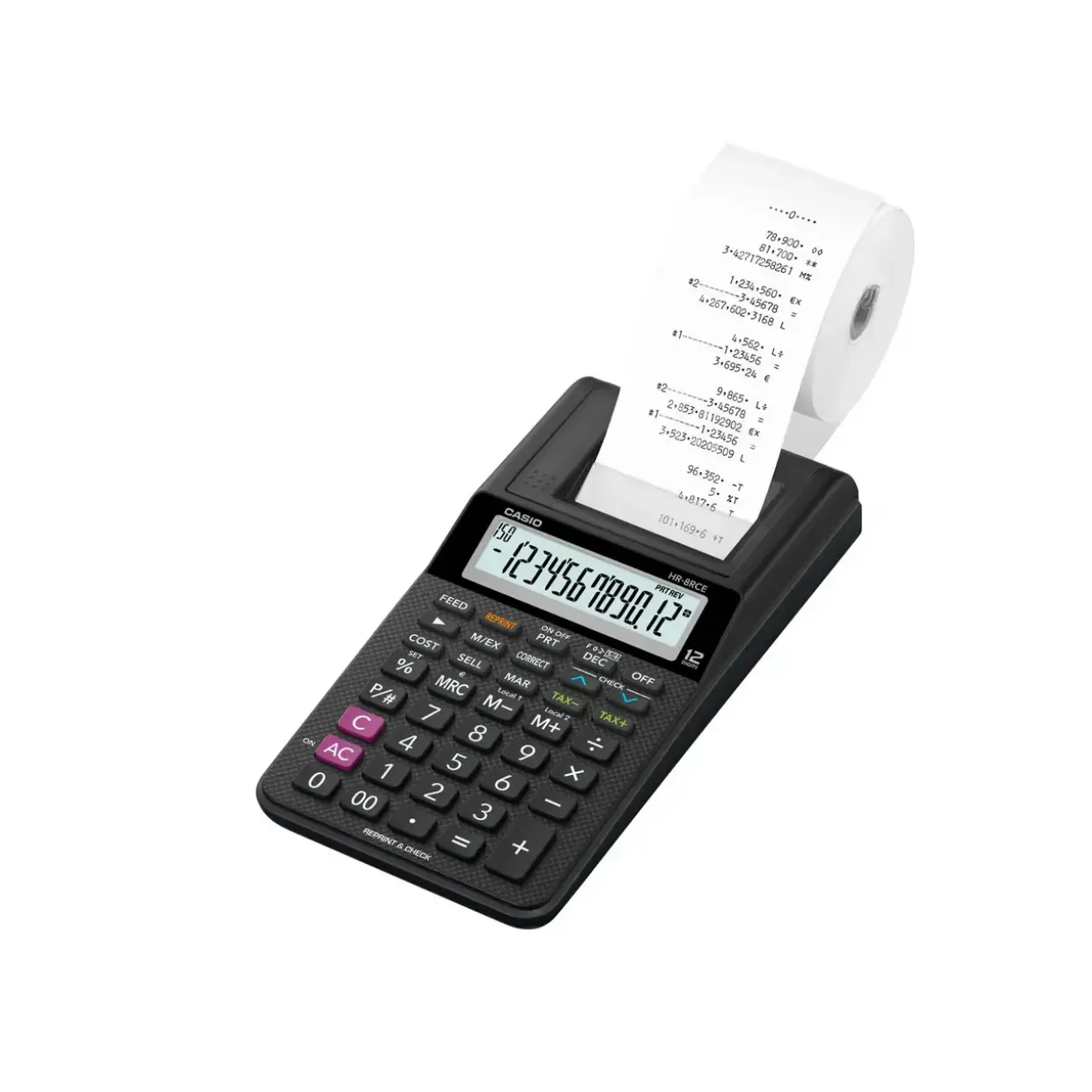 Bordlommeregner med strimmel Casio HR 8RCE-BK euro stort 12 cifret display Strimmelregner