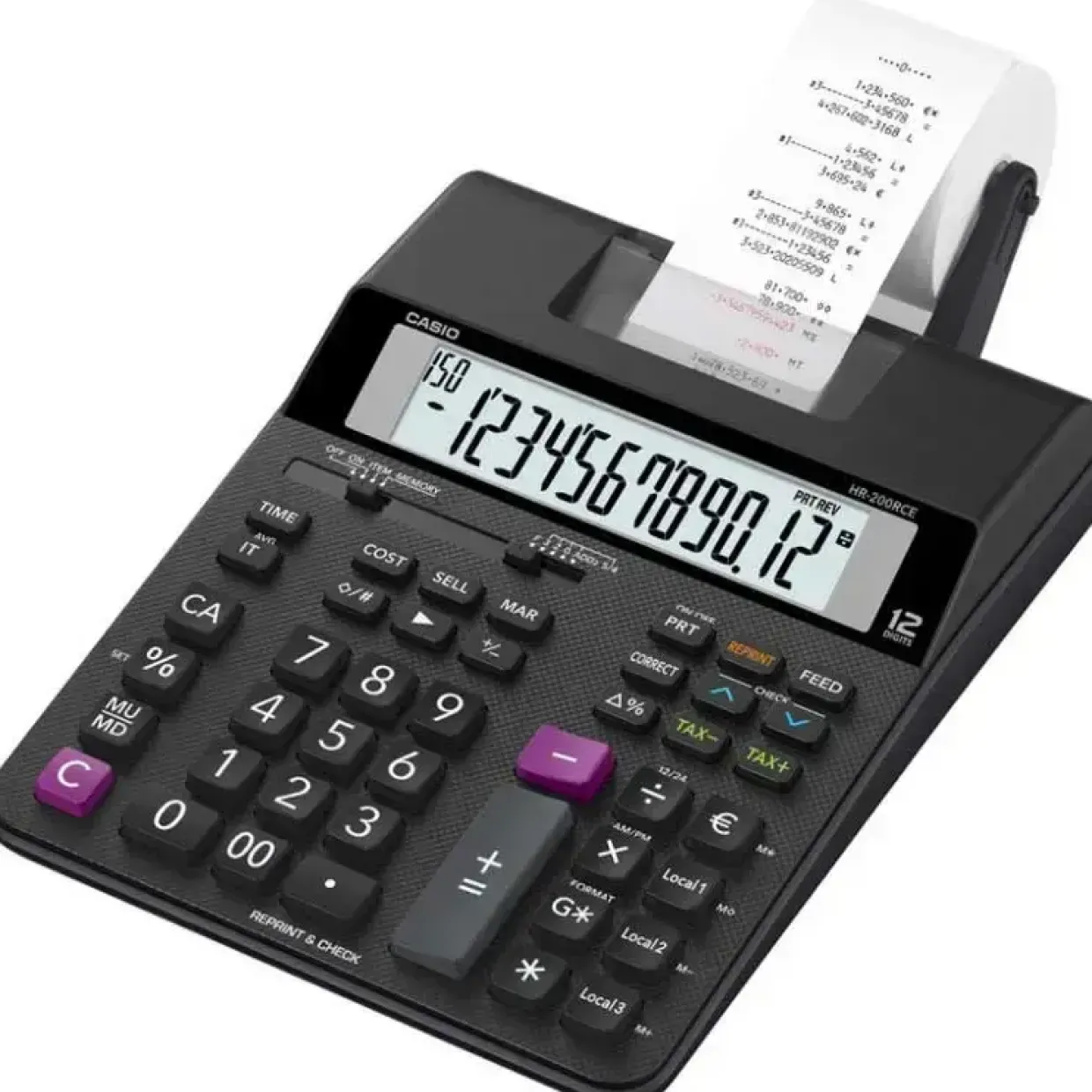 Bordlommeregner med strimmel Casio HR-200RCE euro stort 12 cifret display Strimmelregner
