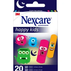 Børneplaster Nexcare Happy Kids monstre 2 størrelser assortere, åndbart hypoallergent - 20 stk