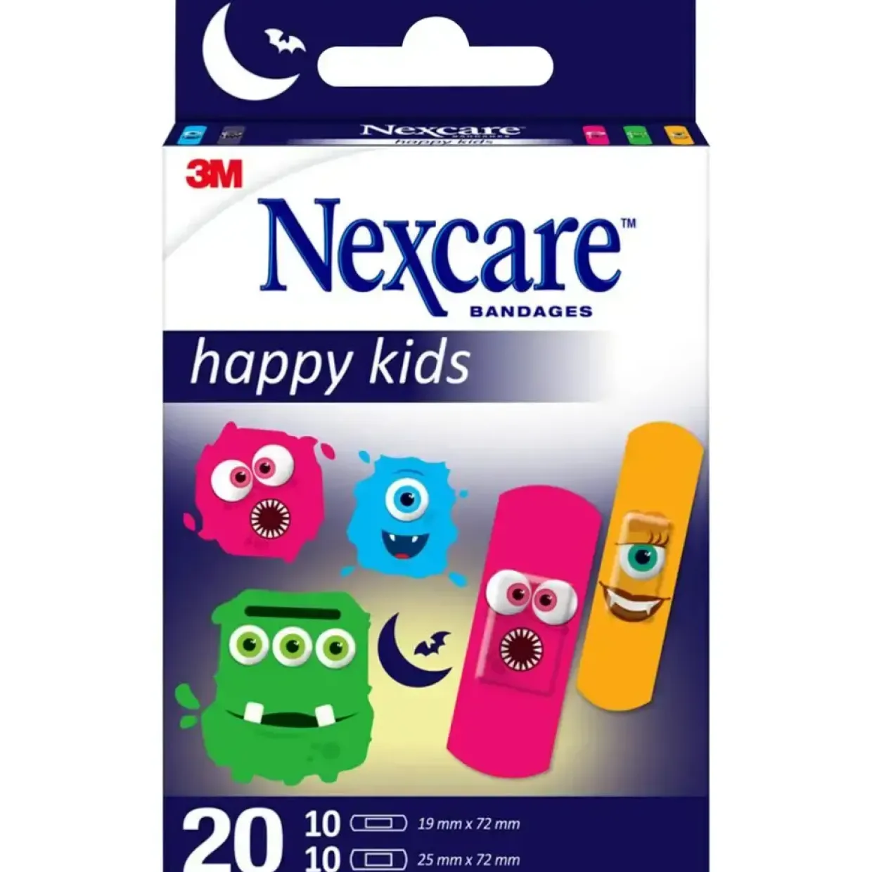 Børneplaster Nexcare Happy Kids monstre 2 størrelser assortere, åndbart hypoallergent - 20 stk