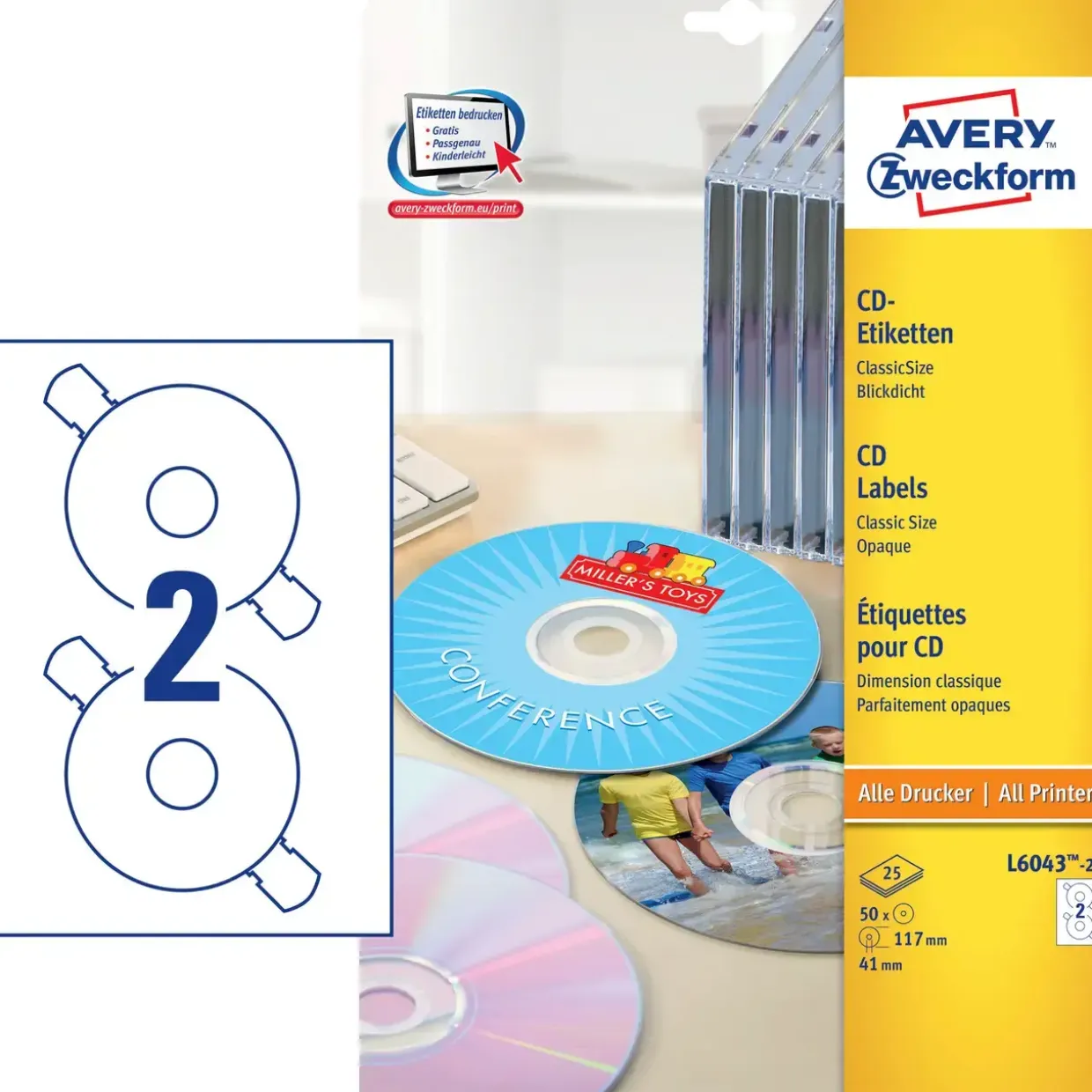 CD-labels - Avery L6043-25 - Ø117 mm - 50 stk - Til laser og inkjetprinter