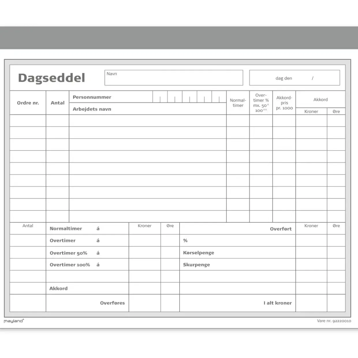 Dagsseddel - 200 x 148 mm - Med kopi og karbonpapir - 5 blokke á 50 ark